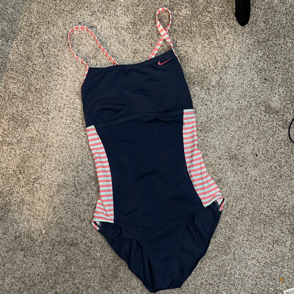 Nike Navy One-Piece Swimsuit with Pink Striped Side Panels